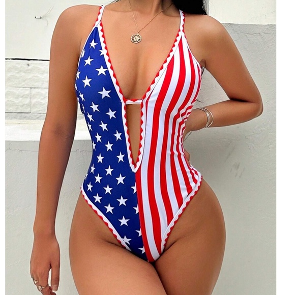 4th of July Festive Stars Stripes Criss Cross one Piece Monokini Swimsuit - Picture 1 of 7